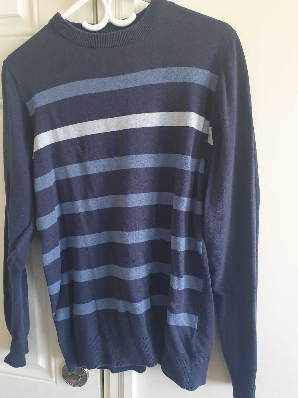 Men Navy Crewneck Sweater with Light Blue & White Stripes